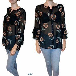 CAbi  Women’s Black Semi Sheer Floral Print Blouse
